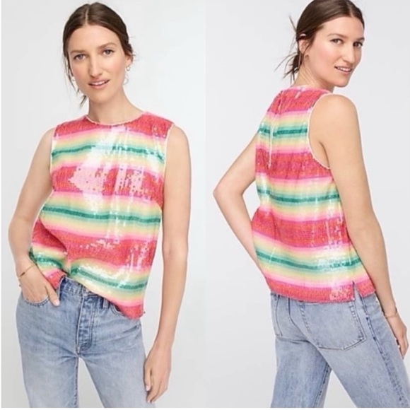 NWT JCrew Sleeveless Sequin Watermelon Stripe  Tank Top - Picture 1 of 8